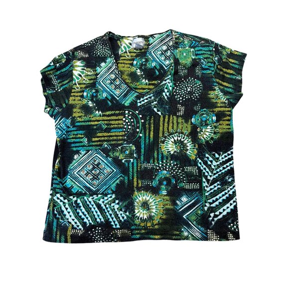 Chicos Womens Geometric & Abstract Print V-Neck Top Size L Black/Green - Picture 1 of 6